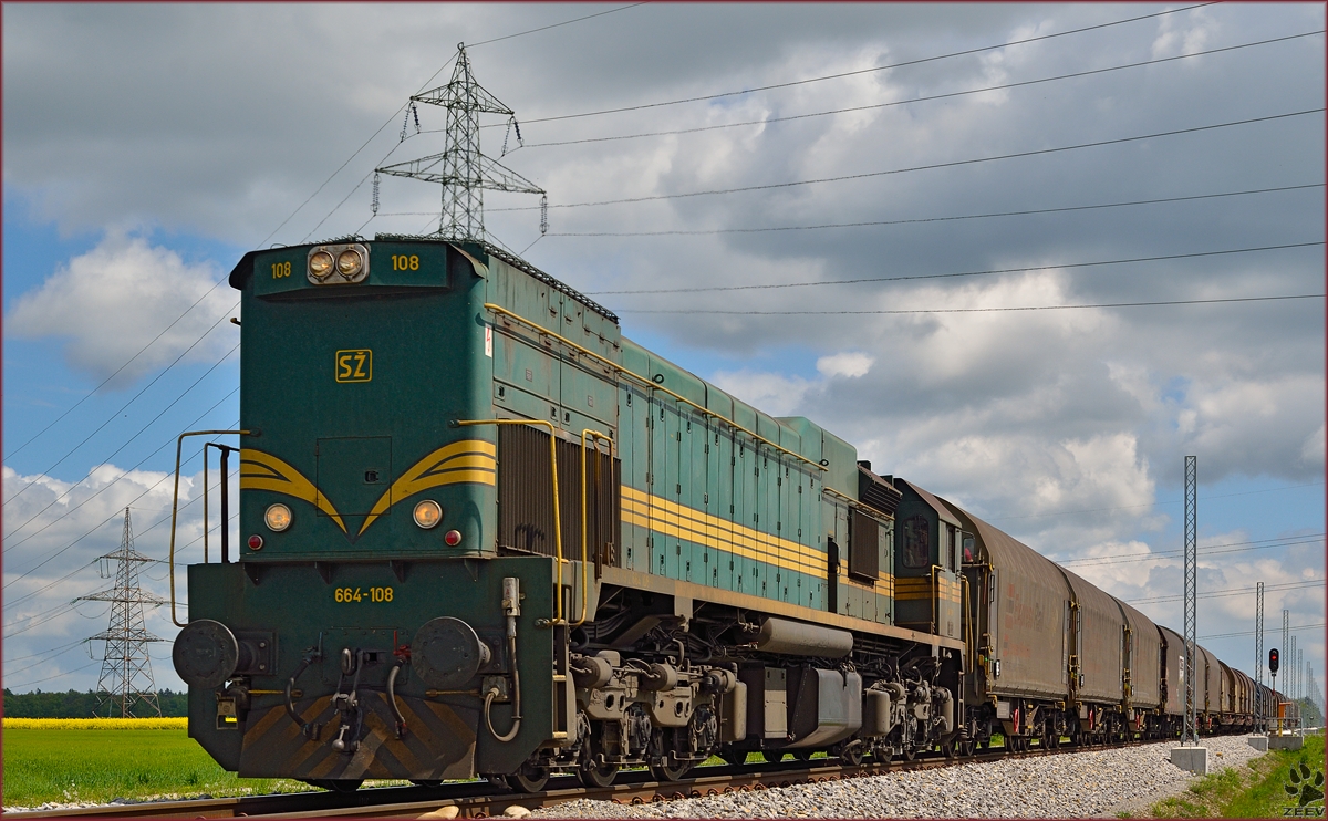 Diesel loc 664-108 pull freight train through Cirkovce on the way to Koper port. /22.4.2014