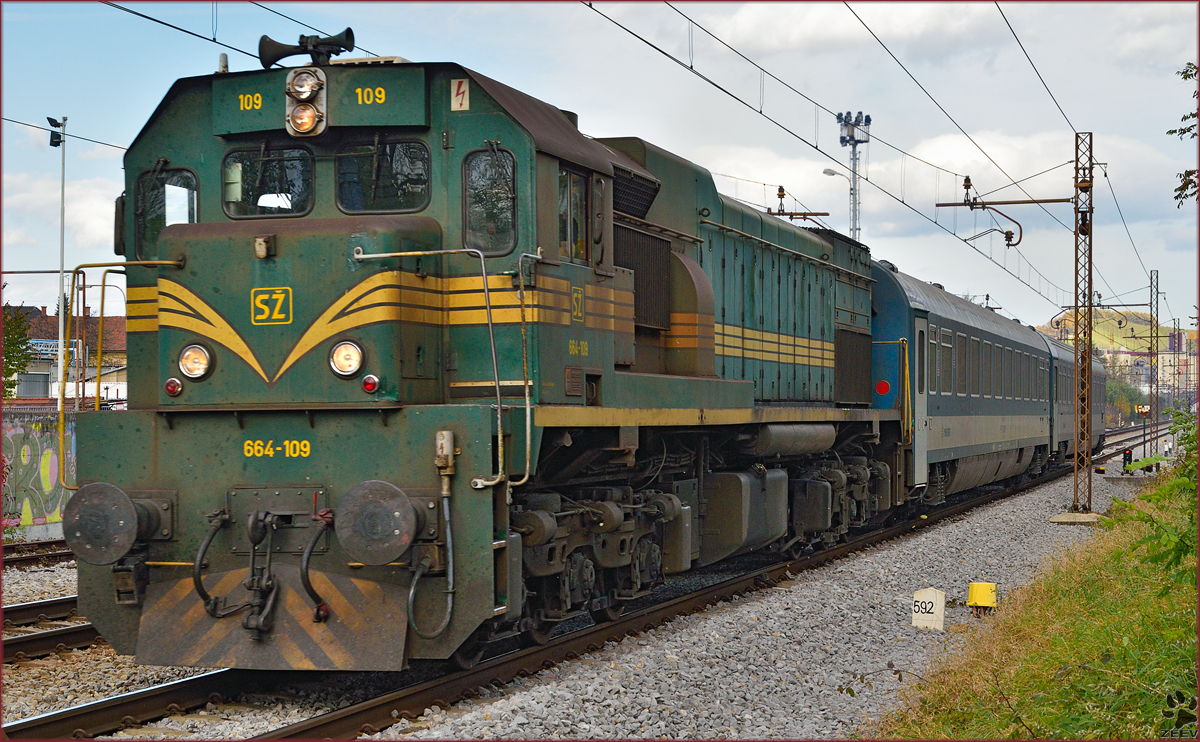 Diesel loc 664-109 pull MV247 'Citadella' through Maribor-Tabor on the way to Budapest. /4.11.2014