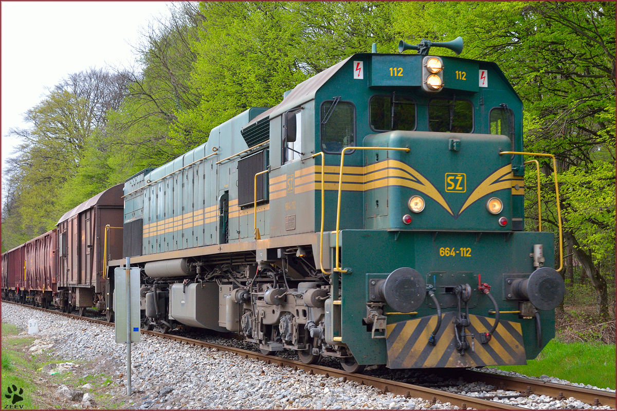 Diesel loc 664-112 pull freight train through Maribor-Studenci on the way to Tezno yard. /31.3.2014