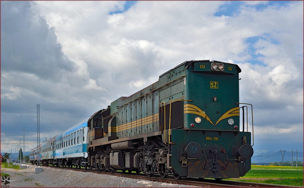 Diesel loc 664-113 pull passengers train through Cirkovce on the way to Murska Sobota. /22.4.2014