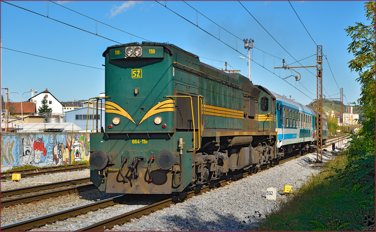 Diesel loc 664-118 pull MV247 'Citadella' through Maribor-Tabor on the way to Budapest. /14.10.2014