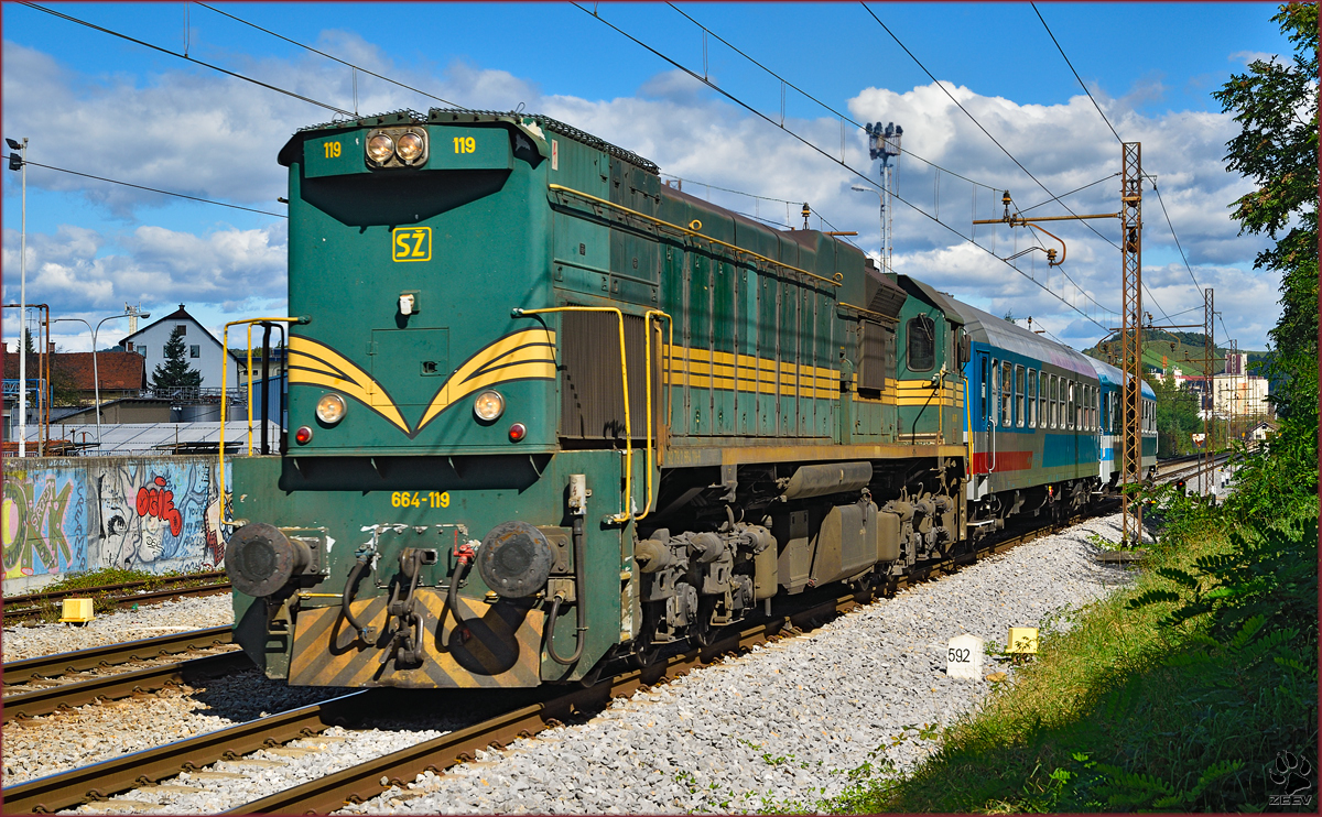 Diesel loc 664-119 pull MV247 'Citadella' through Maribor-Tabor on the way to Budapest. /23.9.2014