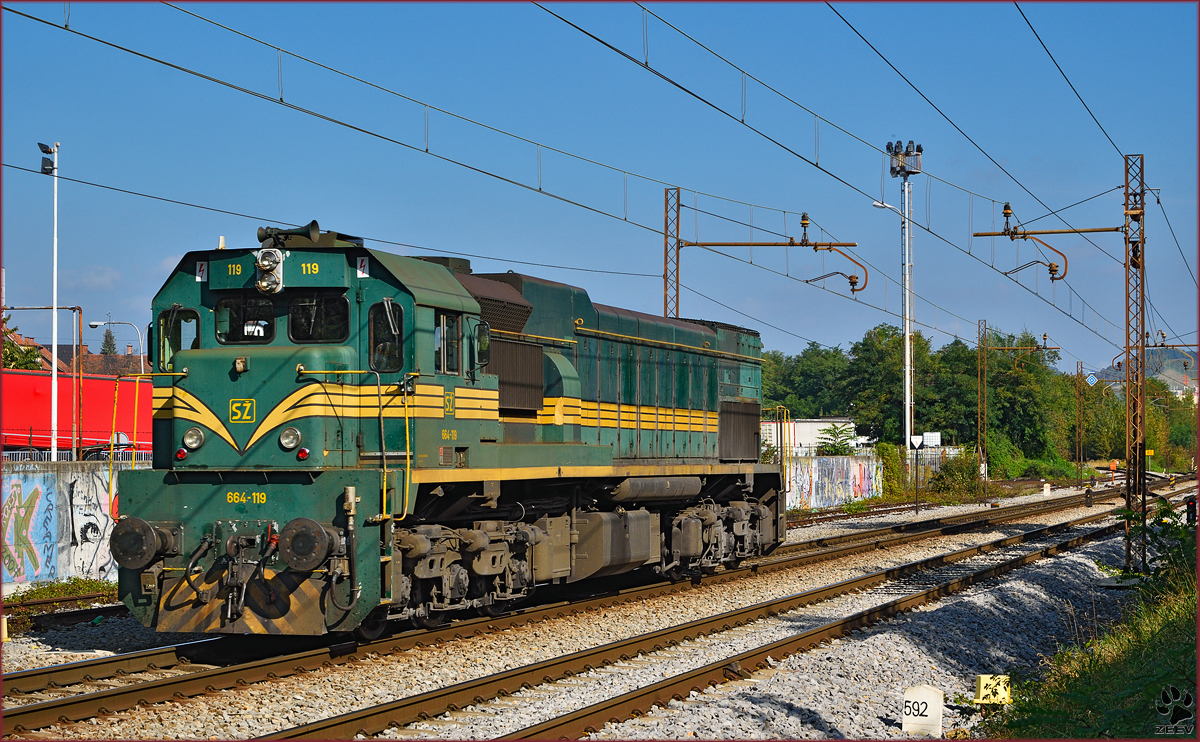 Diesel loc 664-119 run through Maribor-Tabor on the way to Maribor station. /3.10.2014