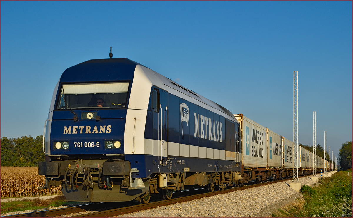 Diesel loc 761 006 pull container train through Cirkovce-Polje on the way to Koper port. /10.10.2014