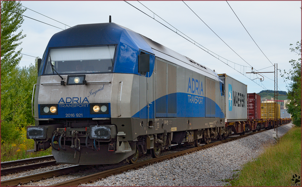 Diesel loc ADRIA 2016 921 'Ingrid' is hauling container train through Maribor-Tabor on the way to Koper port. /12.9.2013