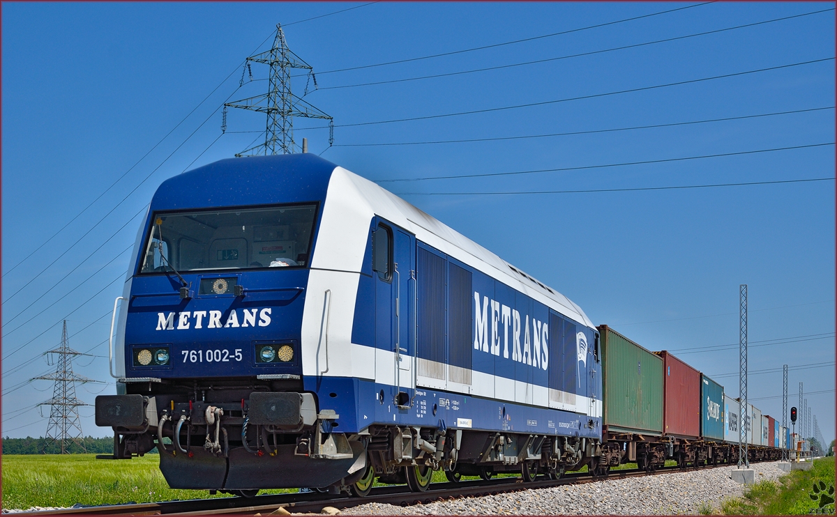 Diesel loc METRANS 761 002 pull container train through Cirkovce on the way to Koper port. /6.5.2014