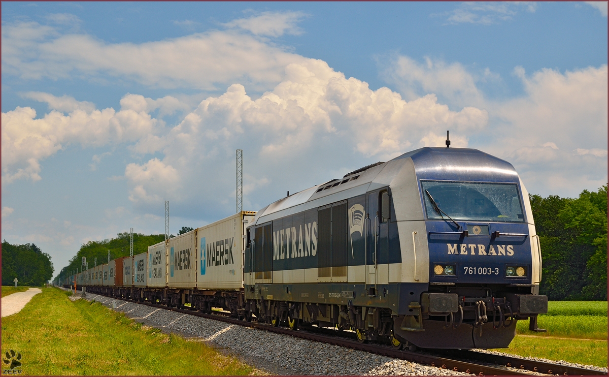 Diesel loc METRANS 761 003 pull container train through Cirkovce-Polje on the way to Koper port. /3.6.2014