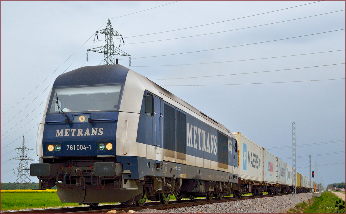 Diesel loc METRANS 761 004 pull container train through Cirkovce on the way to Koper port. /17.4.2014