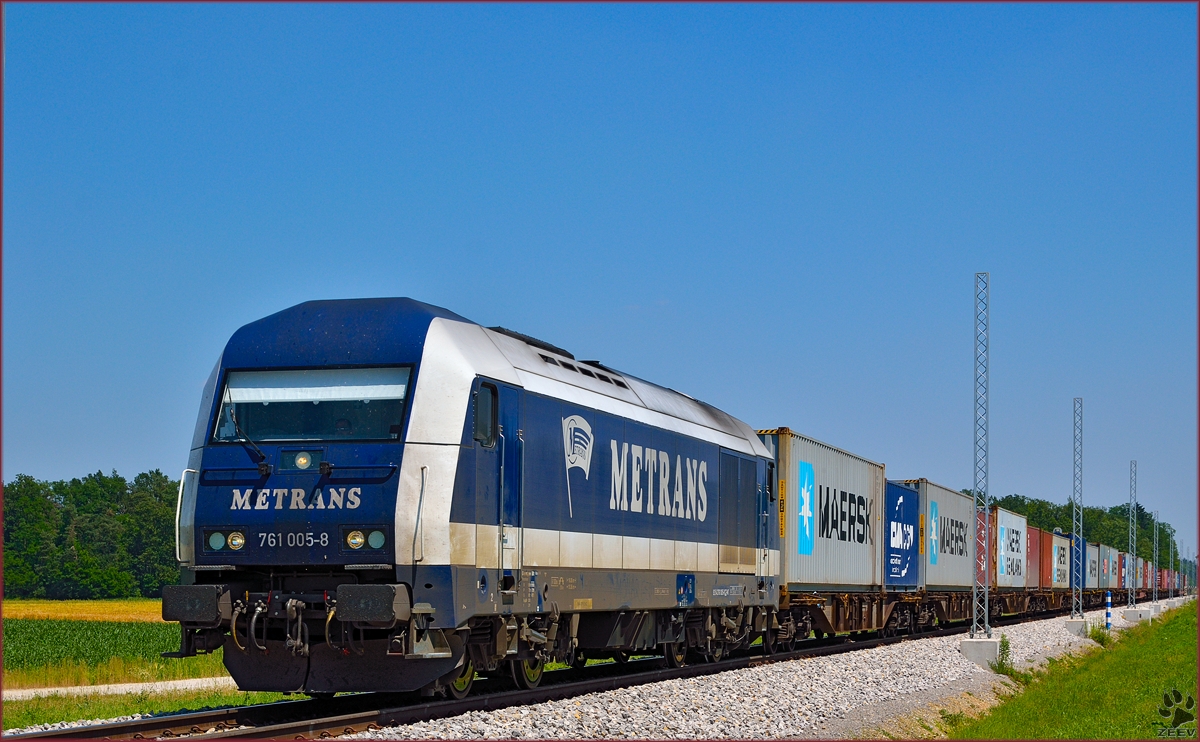 Diesel loc METRANS 761 005 pull container train through Cirkovce-Polje on the way to Koper port. /10.6.2014