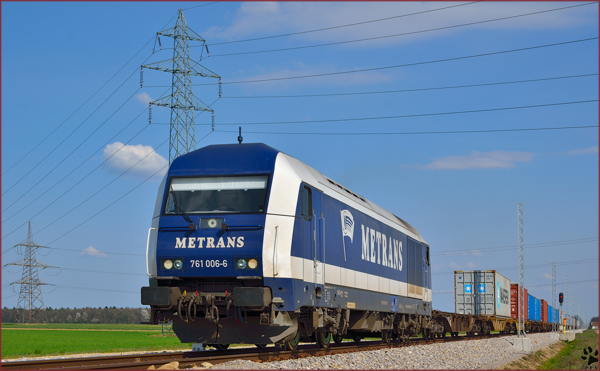 Diesel loc METRANS 761 006 pull container train through Cirkovce on the way to Koper port. /28.3.2014