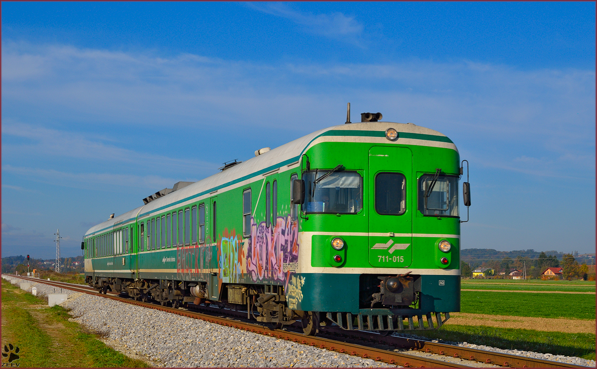 Diesel multiple unit 711-015 is running near Podvinci on the way to Murska Sobota. /25.10.2013