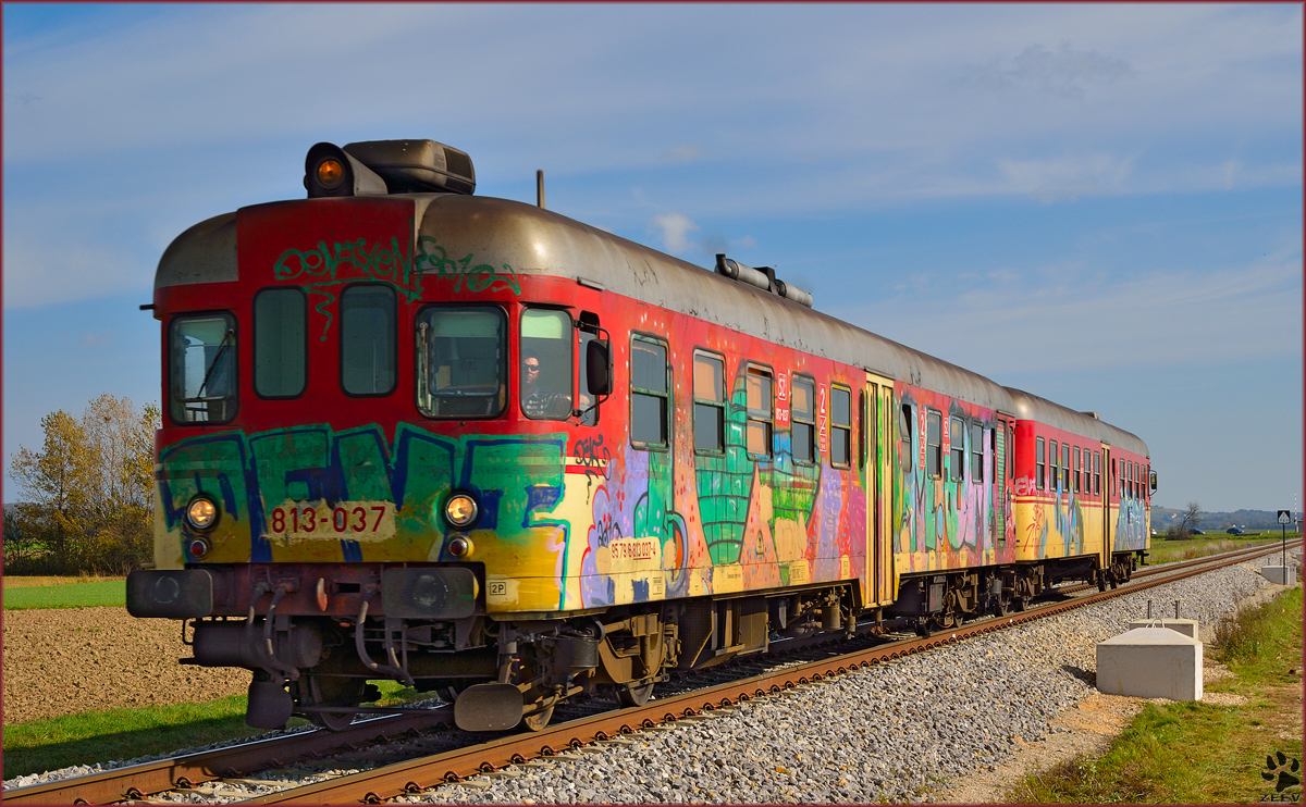 Diesel multiple unit 813-037 is running near Podvinci on the way to Pragersko. /25.10.2013