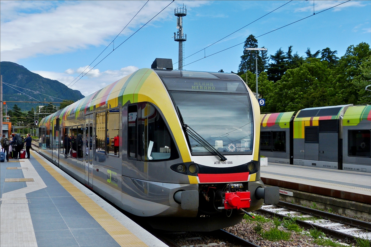 Diesel multiple unit ATR 100 006 pictured in Merano on Mai 15th, 2019.