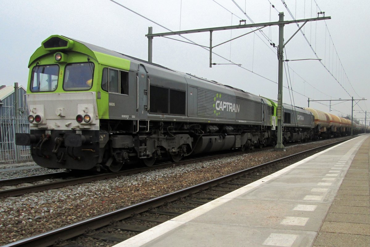 Double Class: Captrain 6609 hauls a sister loco and LGP train through Tilburg on 15 February 2015.