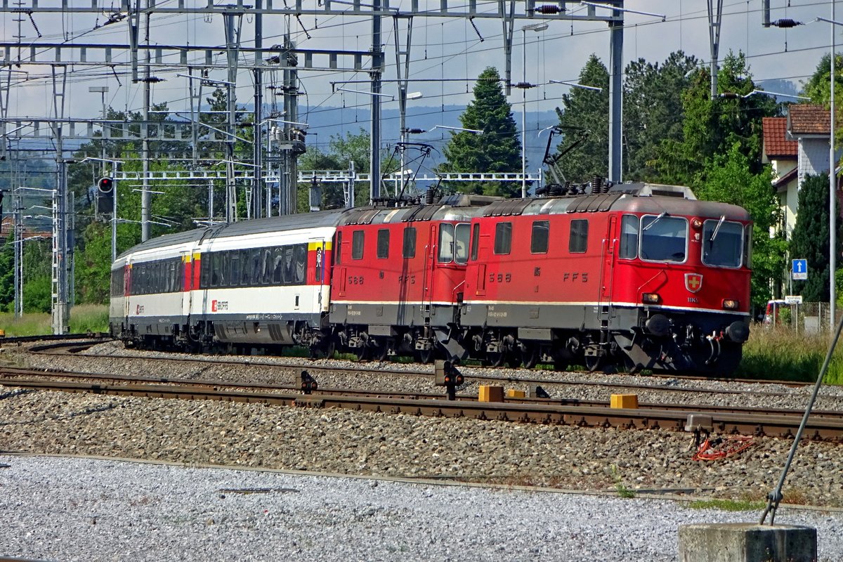 Double headed EuroCity with 11145 leading enters Brugg AG on 26 May 2019.