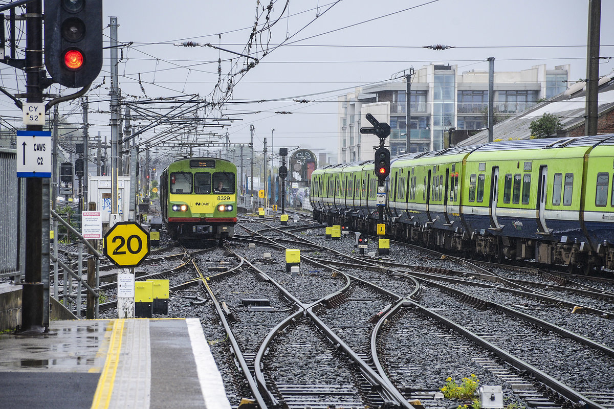 Dublin Area Rapid Transit (DART) electric multiple unit 8329 at Connolly Station in central Dublin. Date: 11 May 2018
