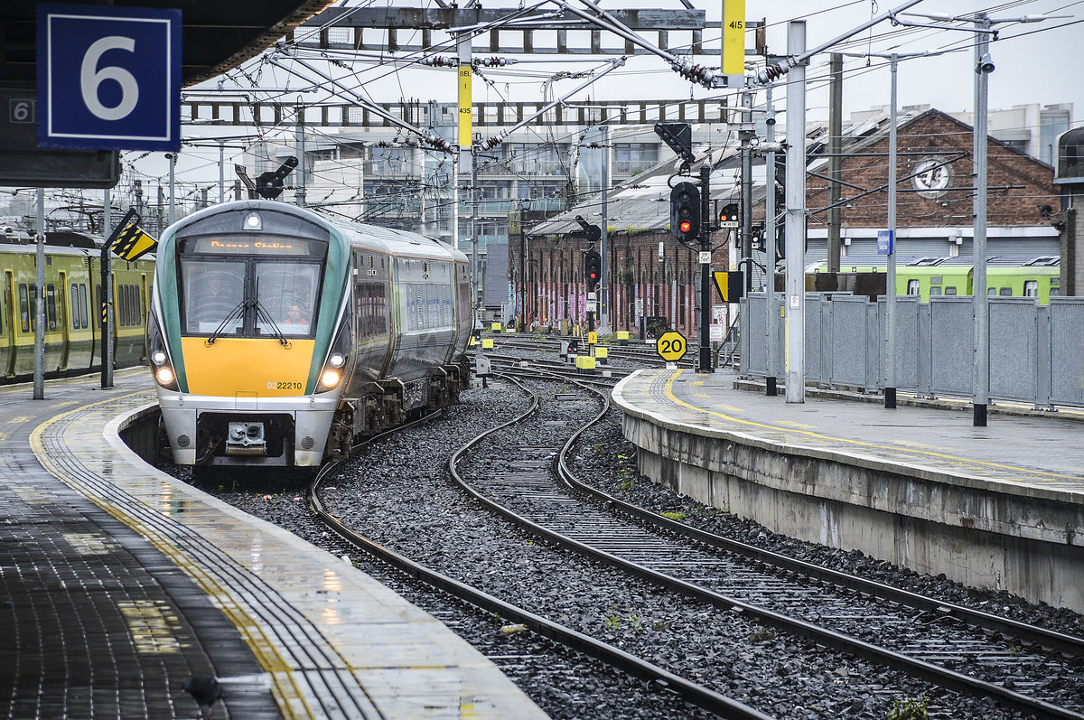 Dublin Area Rapid Transit (DART) diesel multiple unit 22210 arriving at Connolly Station in central Dublin. Date: 11 May 2018.