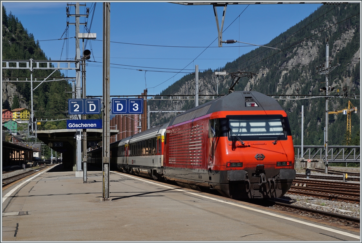 Due to the partial closure of the Gotthard Base Tunnel (GBT), practically all passenger trains will run on the  Gotthard Panorama  route for a few weeks. In the picture an SBB Re 460 with an IC heading towards Arth Goldau passing through Göschenen.

September 4th 2023