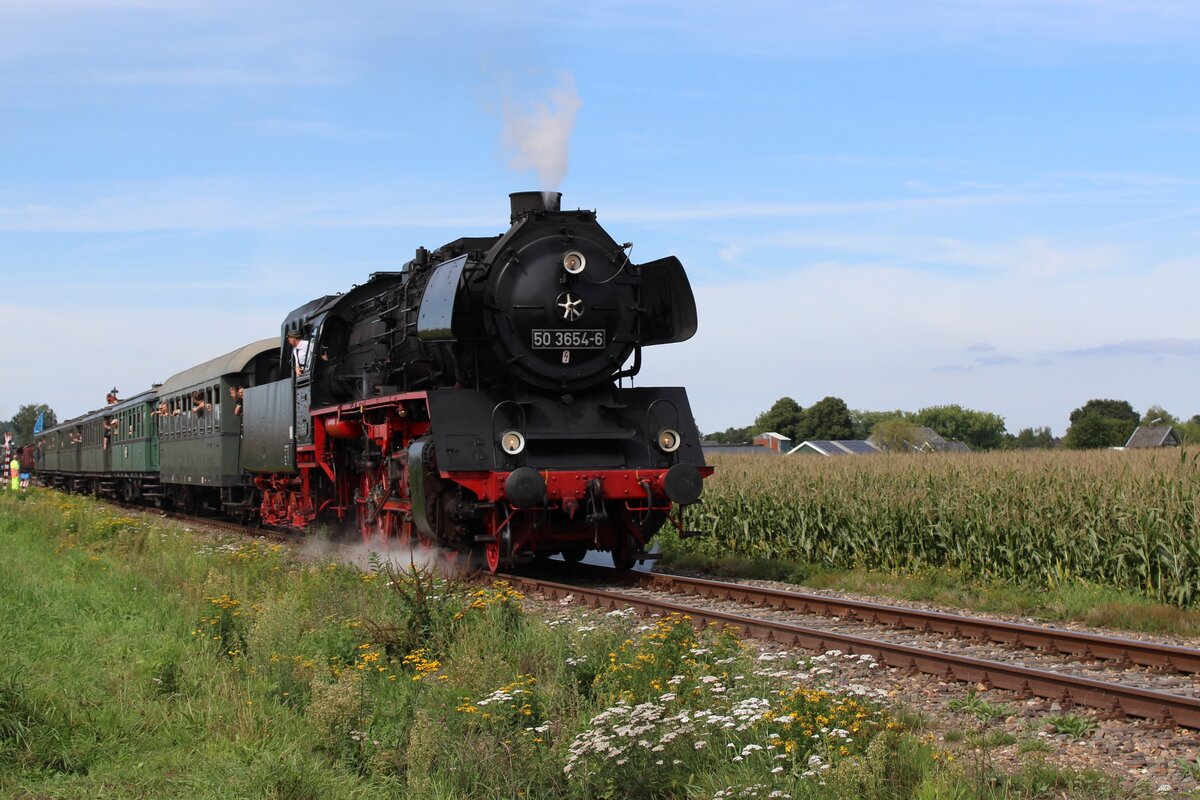 During the Terug-naar-Tien festival 2023 VSM's 50 3654 hauls a steam train to Loenen through Lieren on 3 September 2023