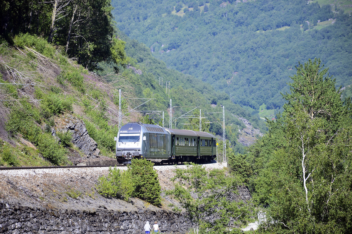 EL 18 2252 at Styvisethhaugen on the Flåm Railway. The Flåm Line (Norwegian: Flåmsbana) is a 20 kilometer long railway line between Myrdal and Flåm in Aurland, Norway. A branch line of the Bergen Line, it runs through the valley of Flåmsdalen and connects the mainline with Sognefjord. The line's elevation difference is 863 meters. It has ten stations, twenty tunnels and one bridge. The maximum gradient is 5.5 percent. Date: 12 July 2018.