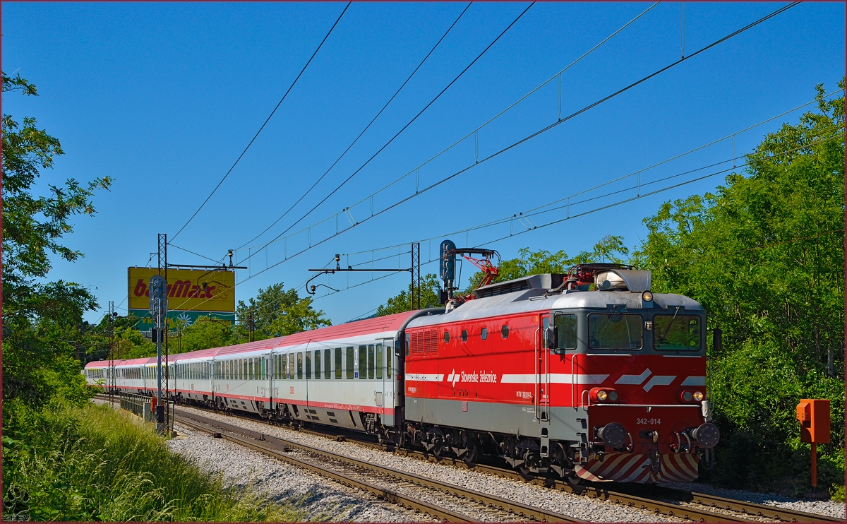 Electric loc 342-014 pull EC158 'Croatia' through Maribor-Tabor on the way to Vienna. /20.5.2014