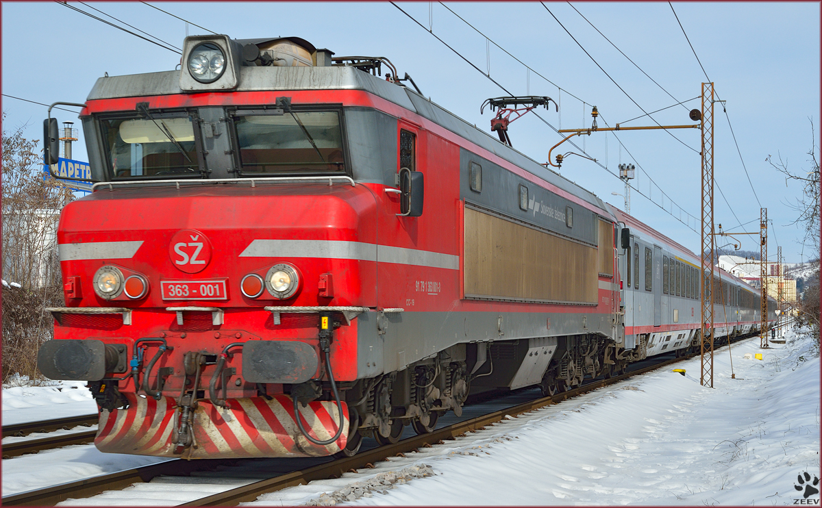 Electric loc 363-001 is hauling EC151 'Emona' through Maribor-Tabor on the way to Ljubljana. /7.2.2014