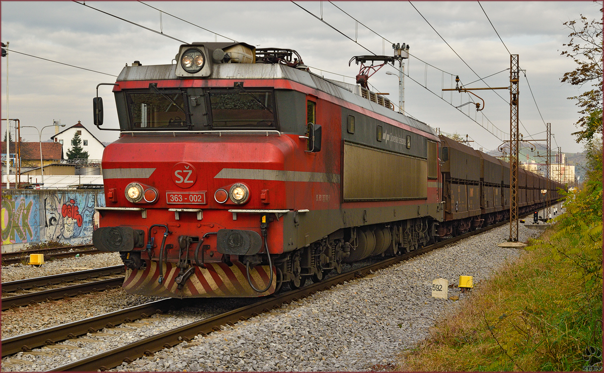 Electric loc 363-002 pull freight train through Maribor-Tabor on the way to Koper port. 12.11.2014