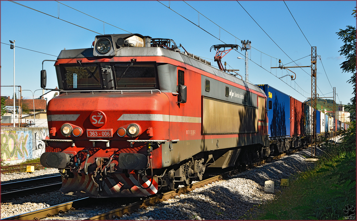 Electric loc 363-006 pull container train through Maribor-Tabor on the way to Koper port. /23.9.2014