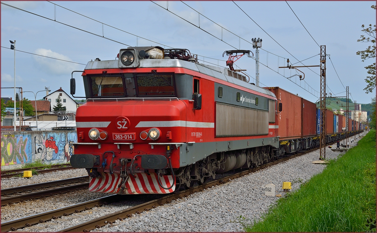 Electric loc 363-014 pull container train through Maribor-Tabor on the way to Koper port. /23.4.2014