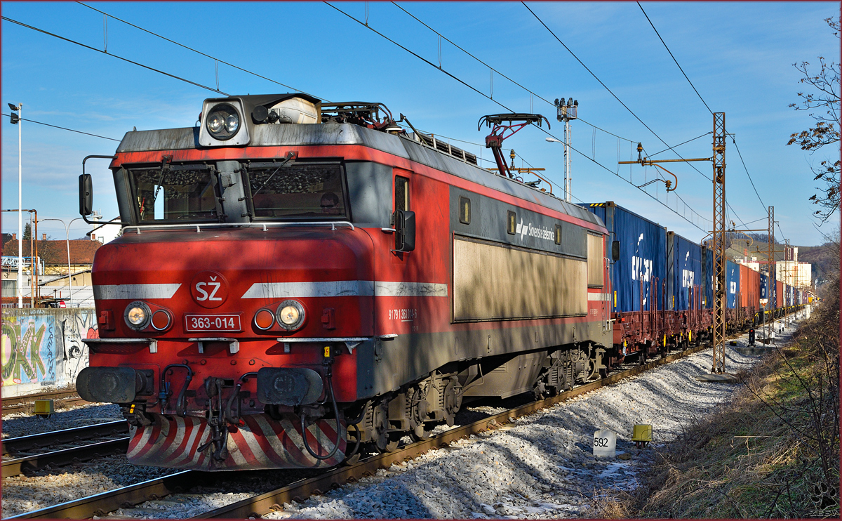 Electric loc 363-014 pull container train through Maribor-Tabor on the way to Koper port. /14.1.2015