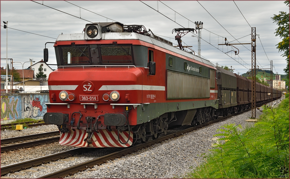 Electric loc 363-014 pull freight train through Maribor-Tabor on the way to Koper port. /12.8.2014