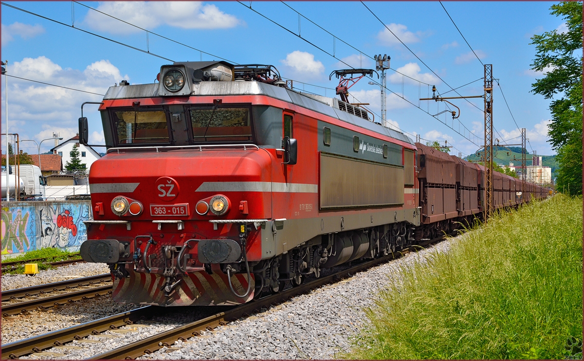 Electric loc 363-015 pull freight train through Maribor-Tabor on the way to Koper port. /26.5.2014