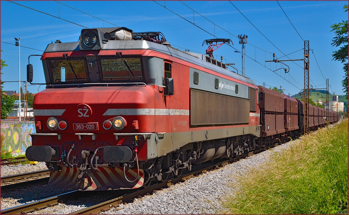Electric loc 363-020 pull freight train through Maribor-Tabor on the way to Koper port. /6.6.2014
