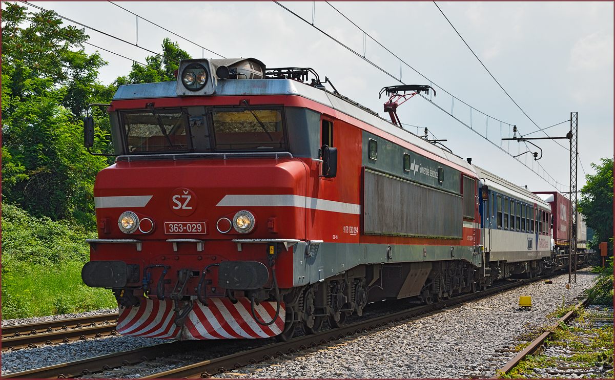 Electric loc 363-029 pull freight train through Maribor-Tabor on the way to the north. /26.7.2014