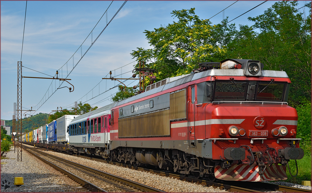 Electric loc 363-038 pull freight train through Maribor-Tabor on the way ti Tezno yard. /24.7.2014