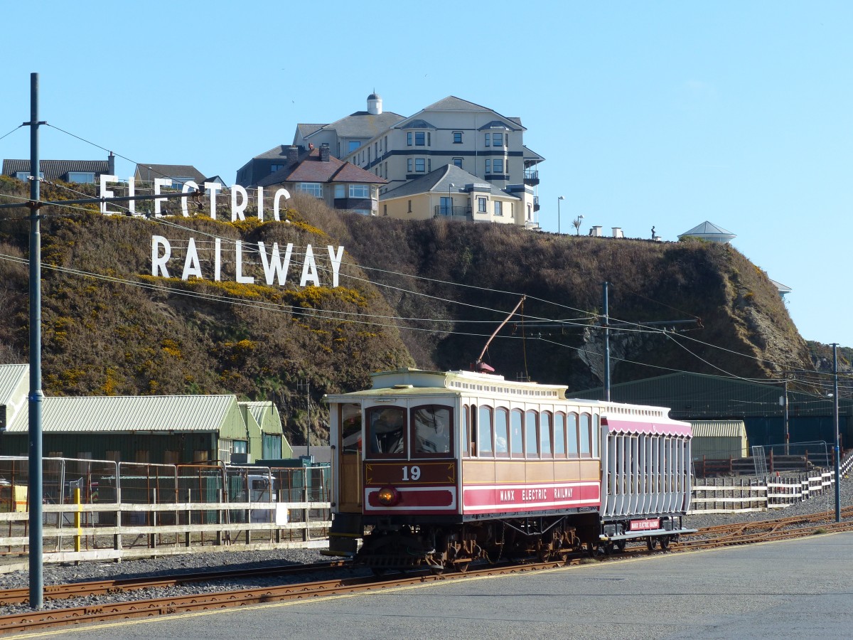 Electric Railway on the Isle of Man. Car 19, built 1899 and known as a  Winter Saloon , is arriving at Douglas and will be ready for the first trip on the day in a few minutes. 21.3.2015