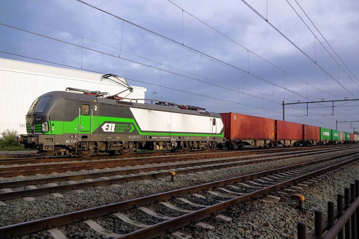 ELL/RTB 193 739 stands with a container train at Blerick on 6 November 2020.