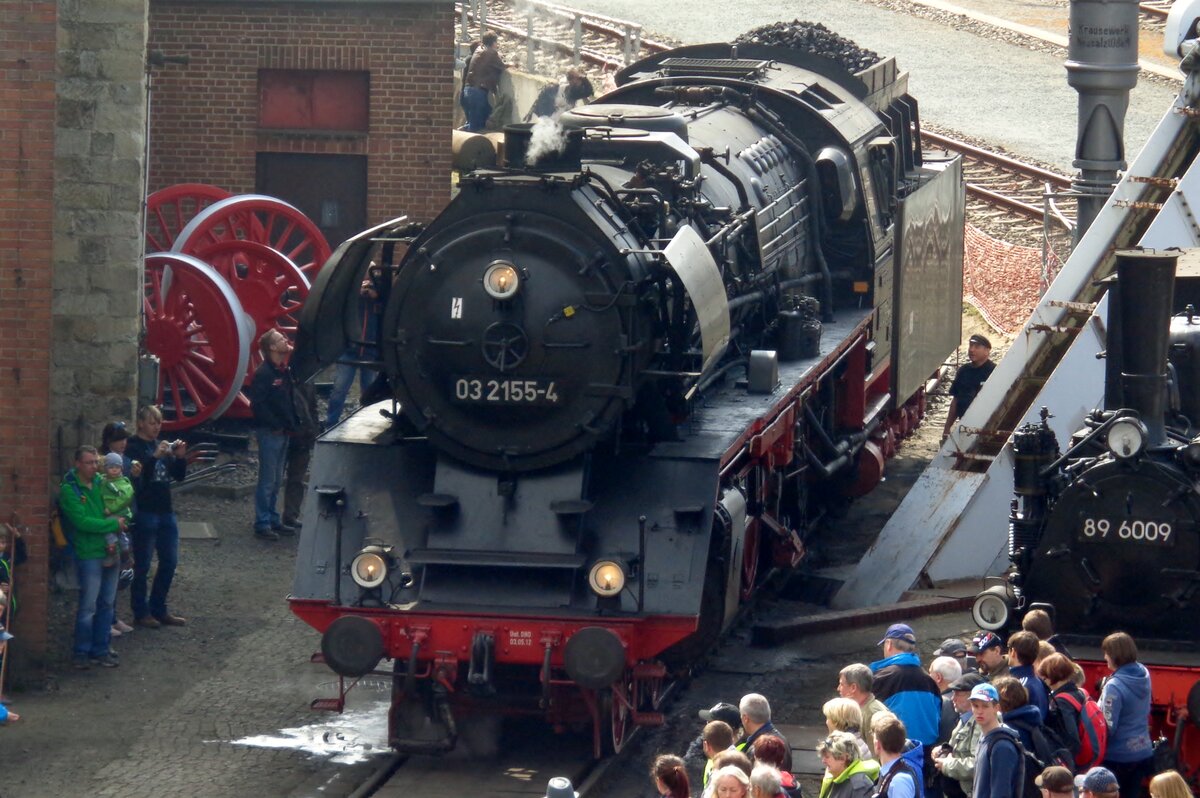 Ex-Deutsche Reichsbahn 03 2155 shows her charms on the turn table at Dresden-Altstadt during the Dresden Dampfloktreffen on 8 April 2018.