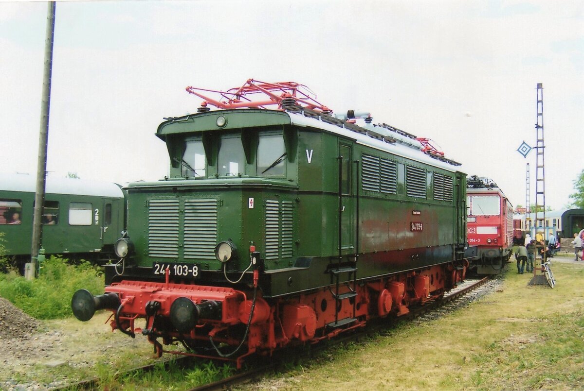 Ex-DR 244 103 stands at the Bw Weimar on 27 May 2008.