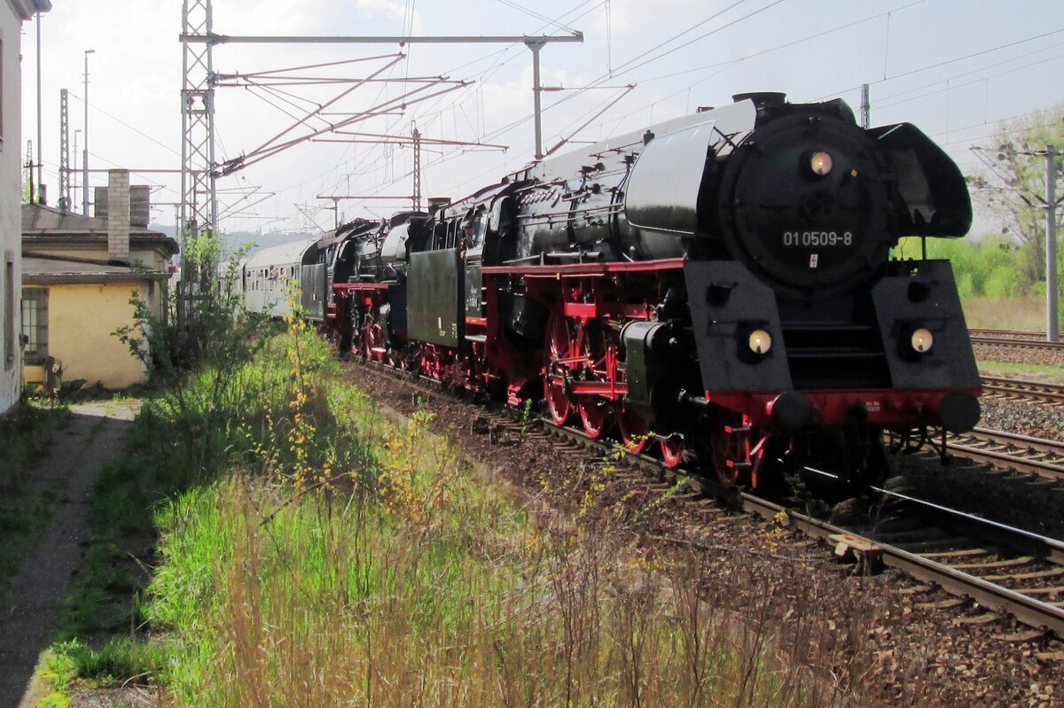 Extra steam train headed by 01 509 passes through Pirna on 12 April 2014.