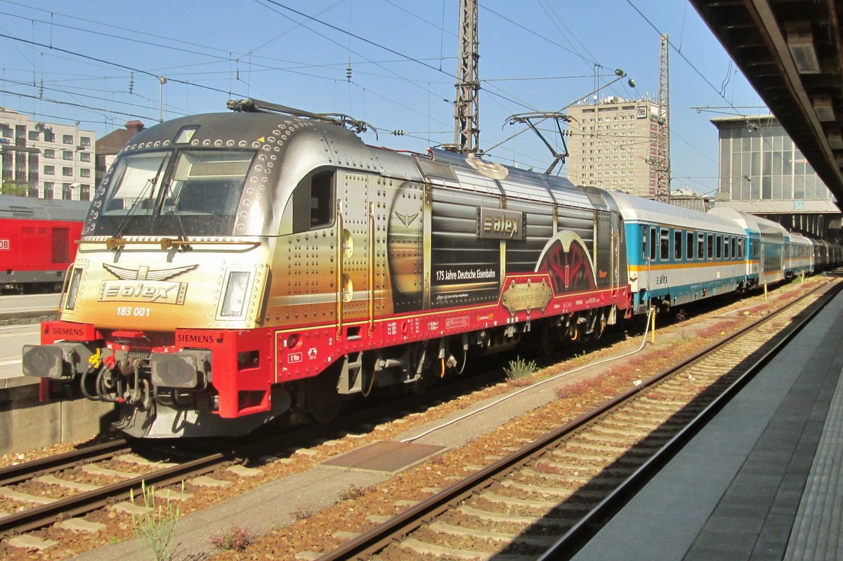 Faster than the Adler yet is Arriva 183 001, showing her advertising livery of 175 Years Raiwlays in Germany at München Hbf on 4 June 2015.