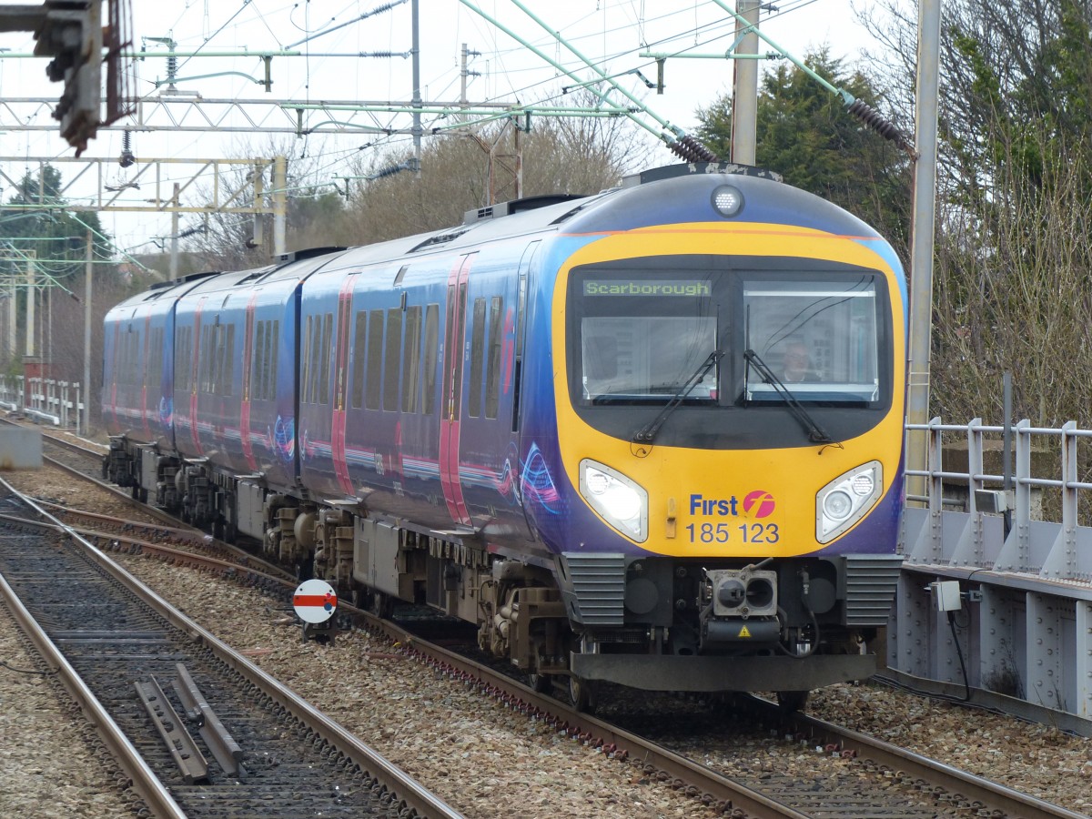 First TransPennine 185 123 arriving at Liverpool South Parkway Station, 11.3.2015