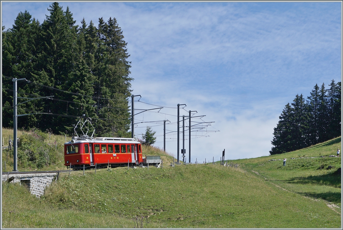 For the 125th anniversary of the Bex - Villars - Col-de-Bretaye Railway (BVB), the BDeh 2/4 N° 25 railcar, which went into operation in 1944, was painted in the original BVB livery. The  Flèche  will now complete a return trip from Villars-sur-Ollon to the Col-de-Bretaye on a few days in the anniversary summer. The picture shows the BDeh 2/4 25 between Col-de-Soud and Villars-sur-Ollon Golf stop. August 19, 2023
