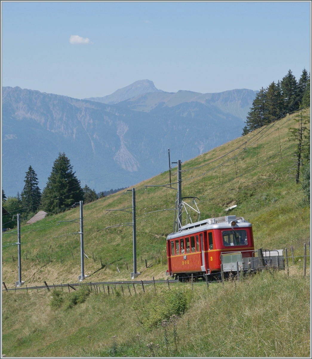 For the 125th anniversary of the Bex - Villars - Col-de-Bretaye Railway (BVB), the BDeh 2/4 N° 25 railcar, which went into operation in 1944, was painted in the original BVB livery. The  Flèche  will now complete a return trip from Villars-sur-Ollon to the Col-de-Bretaye on a few days in the anniversary summer. The picture shows the BDeh 2/4 25 between Col-de-Soud and Villars-sur-Ollon Golf stop. August 19, 2023
