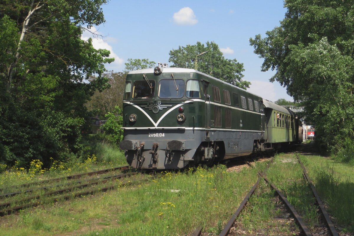 Former ÖBB 2050.04 hauls a Diesel shuttle train across the vast area of the Heizhaus Strasshof on 21 May 2023.