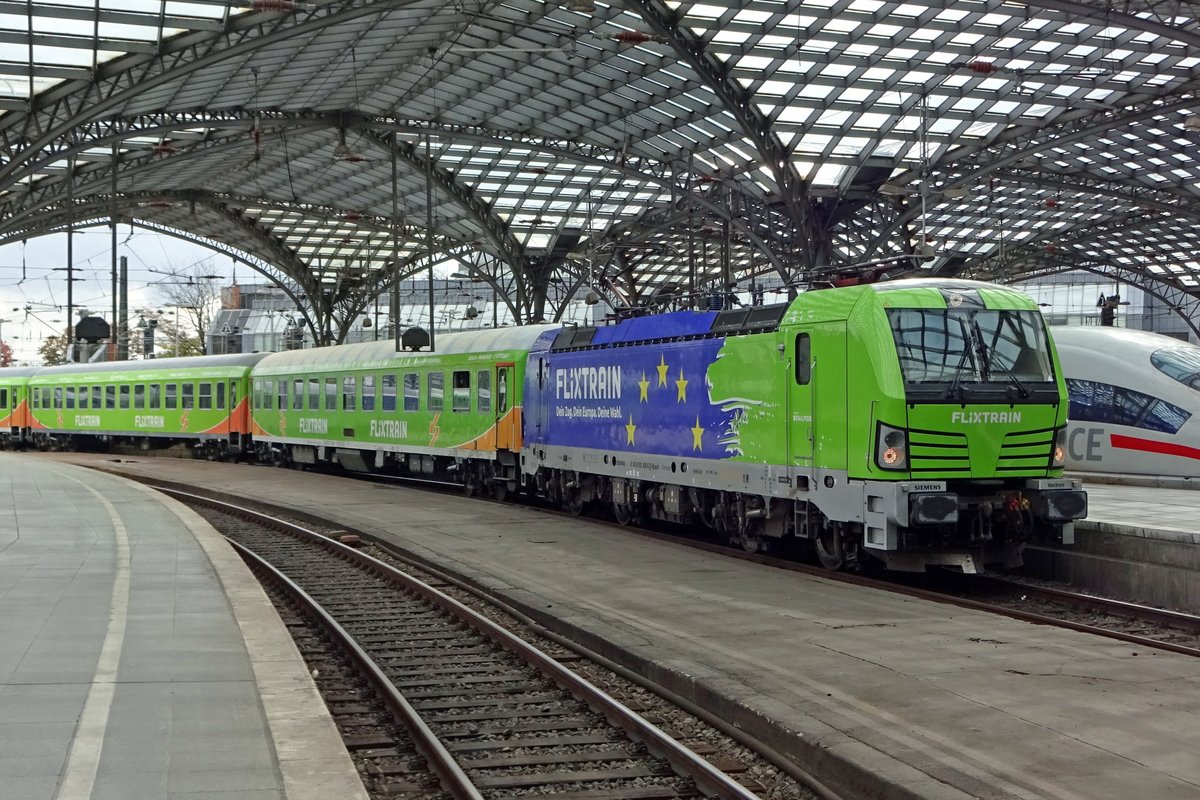 Green side of FlixTrain 193 826 at Köln Hbf on 23 September 2019. This train ends her journey at Cologne.
