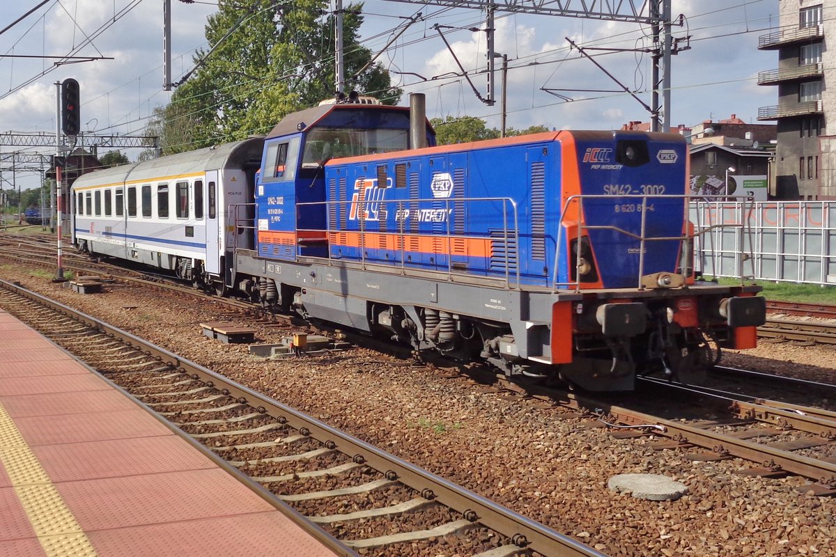 Heavily modernised SM42-3002 shunts PKPIC stock at Katowice Glowny on 3 May 2016.