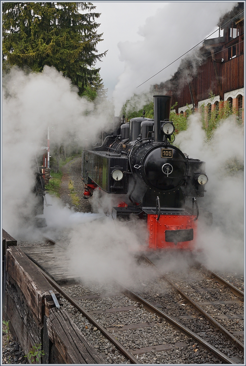 Heavy steam around the SEG G 2x2/2 105 by the Blonay-Chamby Railway in Chaulin. 

18.05.2019