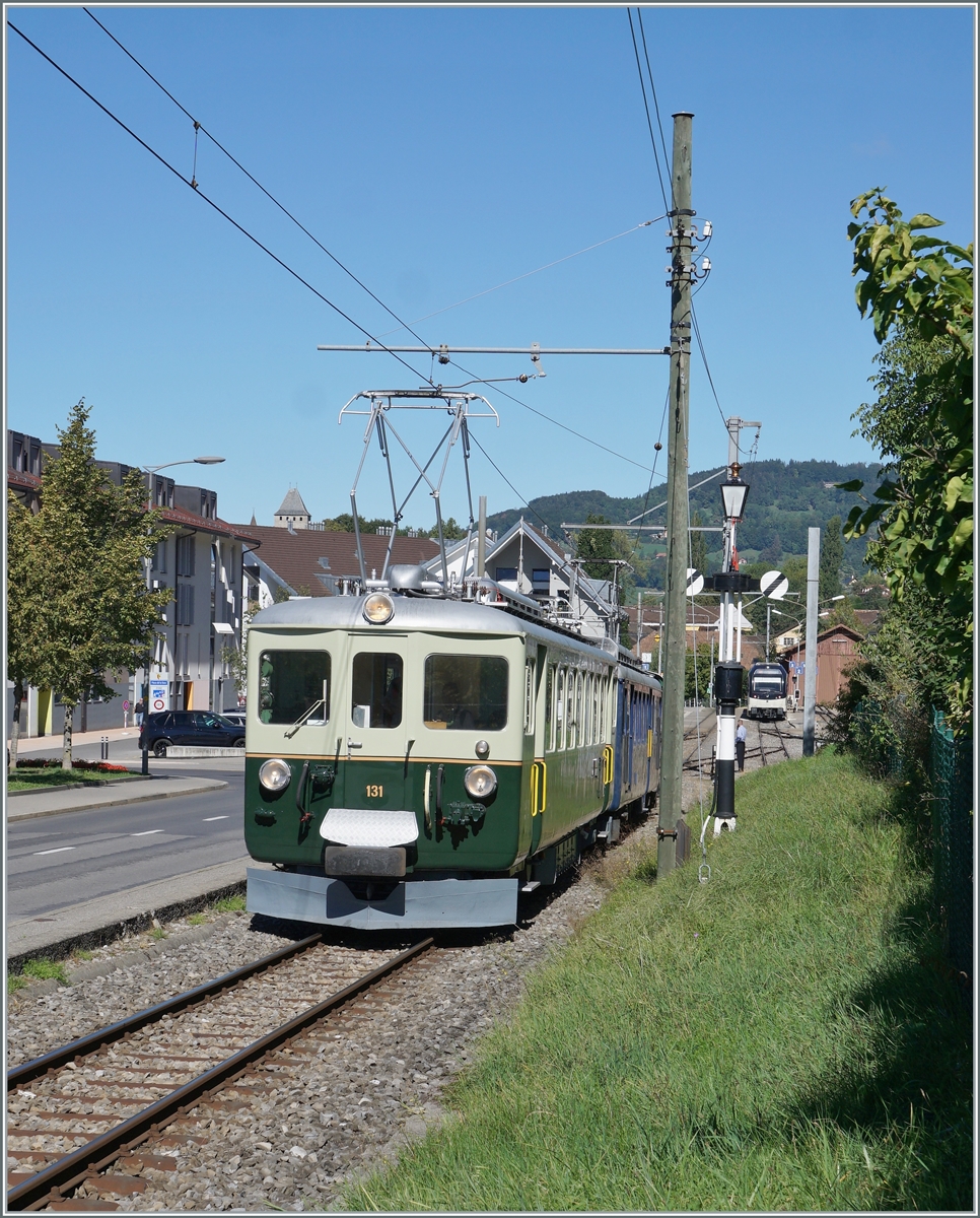 Il était une fois... les années 40 / Once upon a time: the 40s - The GFM Ce 4/4 131 from GFM Historique and the MOB BDe 4/4 3002 are leafing the Blonay station with a mixed train on the way to Chaulin.

September 11, 2022 