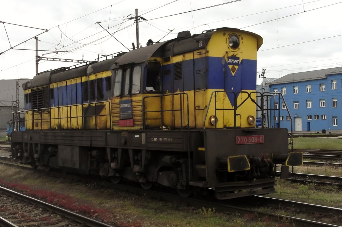 In OKD Doprava colours: AWT/OKD 770 508 stands in Ostrava hl.n. on 28 May 2015. In 2018 AWT was swallowed up by PKP Cargo, becoming PKP Cargo International.